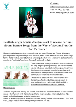 Scottish Singer Amelia Jocelyn Is Set to Release Her First Album 'Bonnie Songs from the West of Scotland' on the 2Nd December