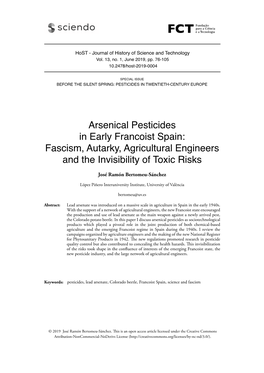 Arsenical Pesticides in Early Francoist Spain: Fascism, Autarky, Agricultural Engineers and the Invisibility of Toxic Risks José Ramón Bertomeu-Sánchez