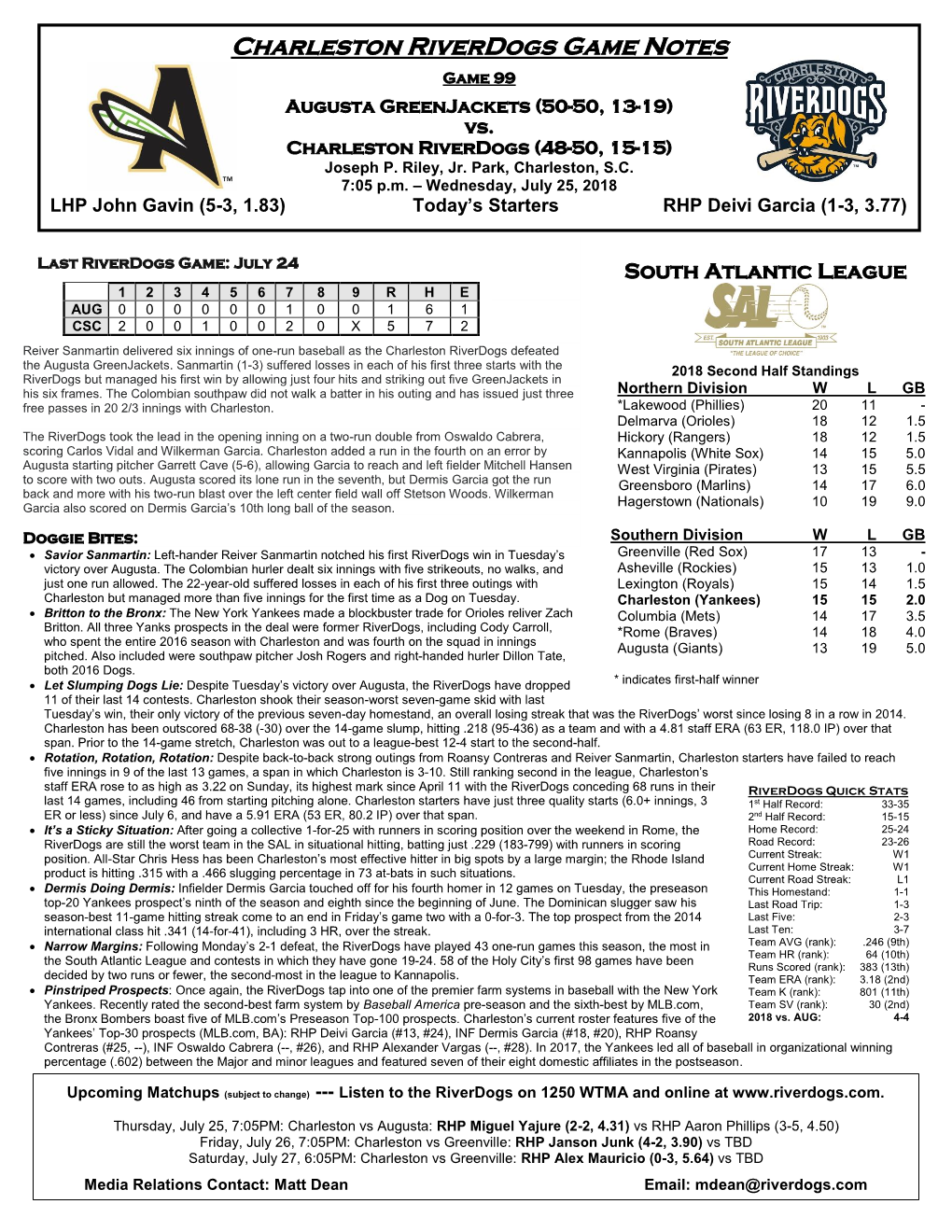 Charleston Riverdogs Game Notes