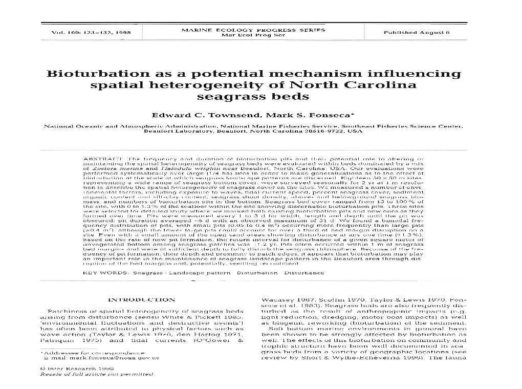 Bioturbation As a Potential Mechanism Influencing Spatial Heterogeneity of North Carolina Seagrass Beds