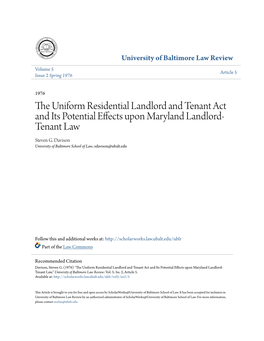 The Uniform Residential Landlord and Tenant Act and Its Potential Effects Upon Maryland Landlord- Tenant Law