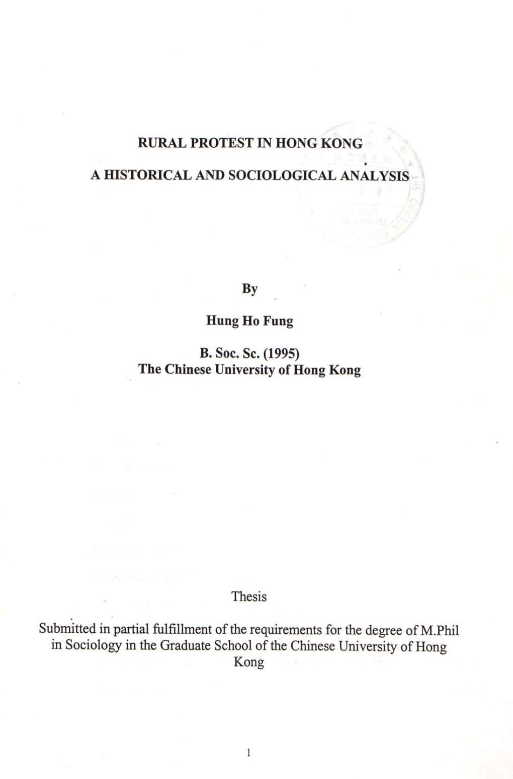 Rural Protest in Hong Kong a Historical and Sociological Analysis