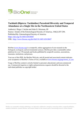 Tachinid (Diptera: Tachinidae) Parasitoid Diversity and Temporal Abundance at a Single Site in the Northeastern United States Author(S): Diego J