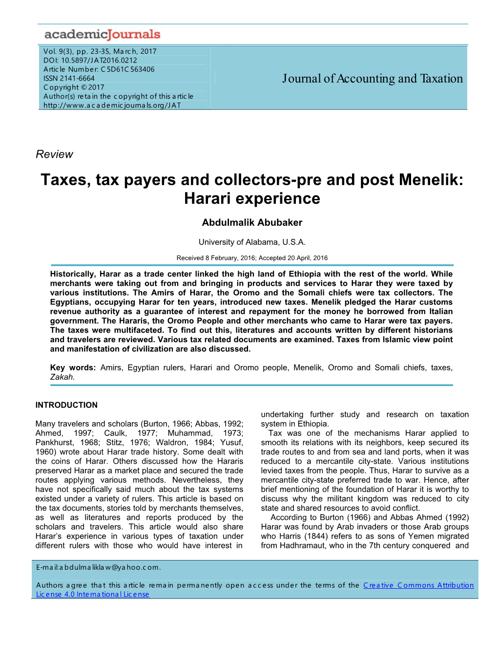 Taxes, Tax Payers and Collectors-Pre and Post Menelik: Harari Experience
