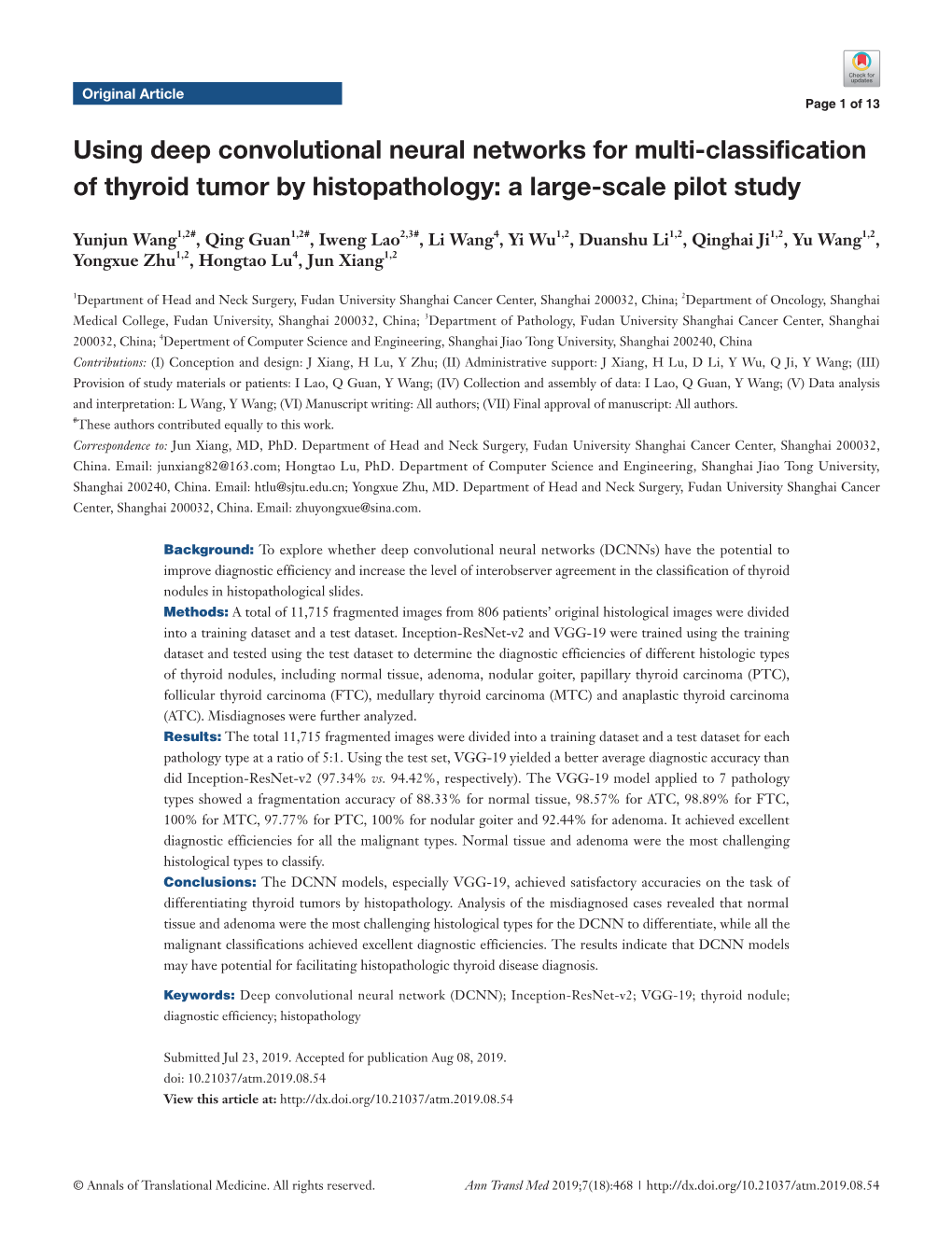 Using Deep Convolutional Neural Networks for Multi-Classification of Thyroid Tumor by Histopathology: a Large-Scale Pilot Study