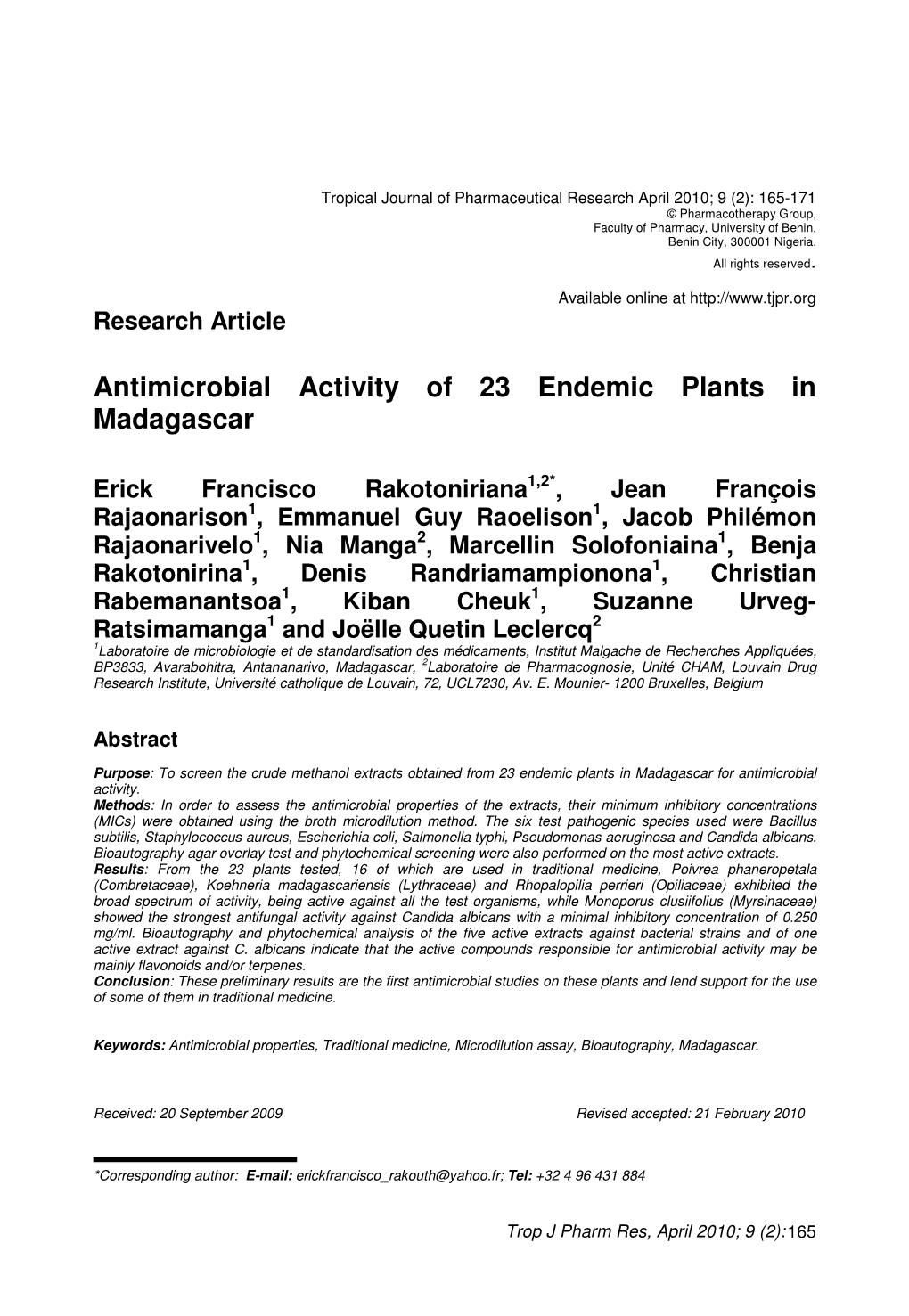 Antimicrobial Activity of 23 Endemic Plants in Madagascar