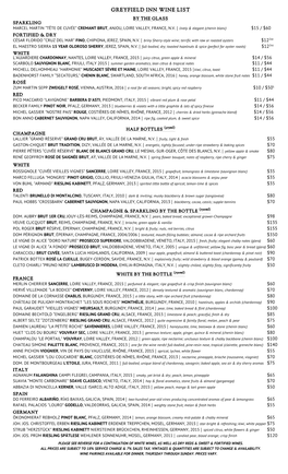 Greyfield Inn Wine List by the Glass Sparkling Marcel Martin “Tête De Cuvée” Cremant Brut, Anjou, Loire Valley, France, N.V