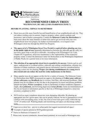 Recommended Urban Trees Wilmington, De Area (Usda Hardiness Zone 7)