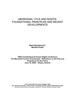 Aboriginal Title and Rights: Foundational Principles and Recent Developments