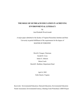 THE ROLE of OUTREACH EDUCATION in ACHIEVING ENVIRONMENTAL LITERACY by Ann Elizabeth Wood-Arendt