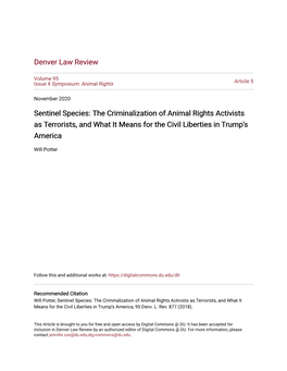 Sentinel Species: the Criminalization of Animal Rights Activists As Terrorists, and What It Means for the Civil Liberties in Trump's America