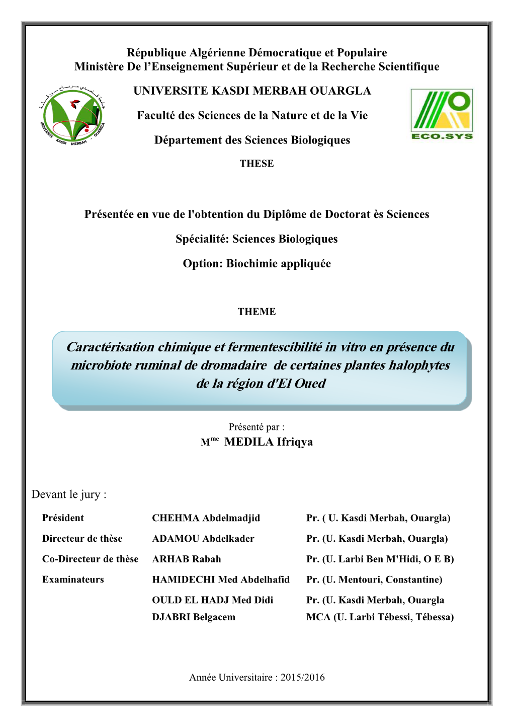 Caractérisation Chimique Et Fermentescibilité in Vitro En Présence Du