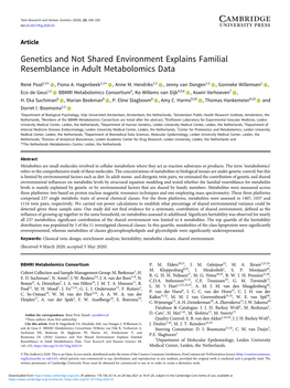 Genetics and Not Shared Environment Explains Familial Resemblance in Adult Metabolomics Data