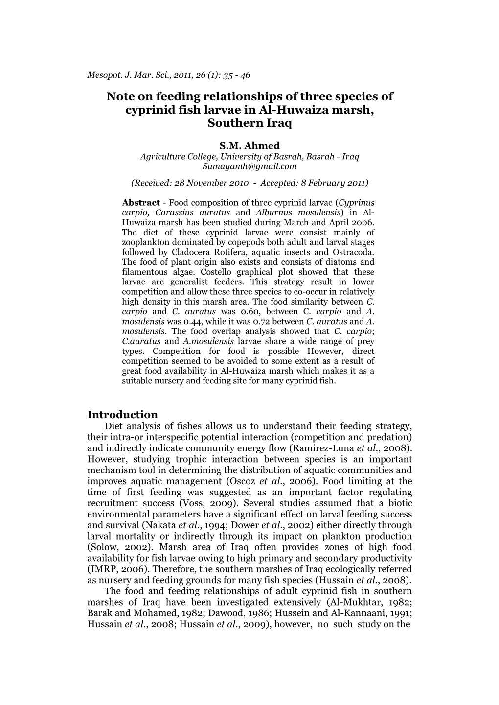 Note on Feeding Relationships of Three Species of Cyprinid Fish Larvae in Al-Huwaiza Marsh, Southern Iraq