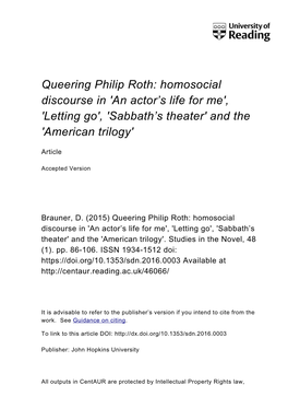 Queering Philip Roth: Homosocial Discourse in 'An Actor's