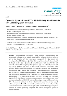 Cytotoxic, Cytostatic and HIV-1 PR Inhibitory Activities of the Soft Coral Litophyton Arboreum