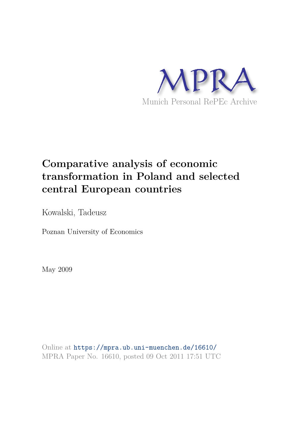 Comparative Analysis of Economic Transformation in Poland and Selected Central European Countries