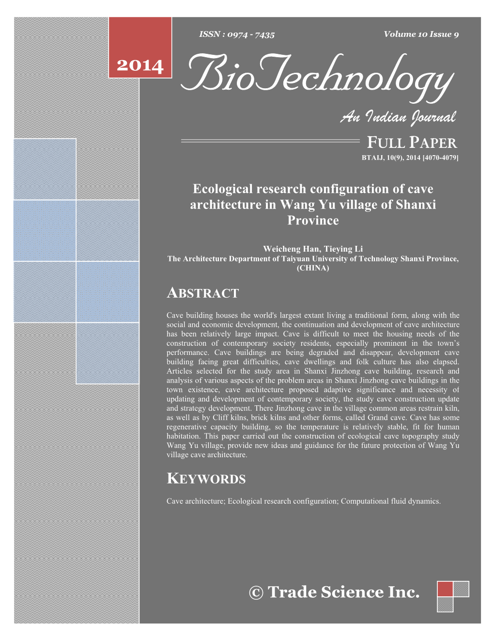 Ecological Research Configuration of Cave Architecture in Wang Yu Village of Shanxi Province