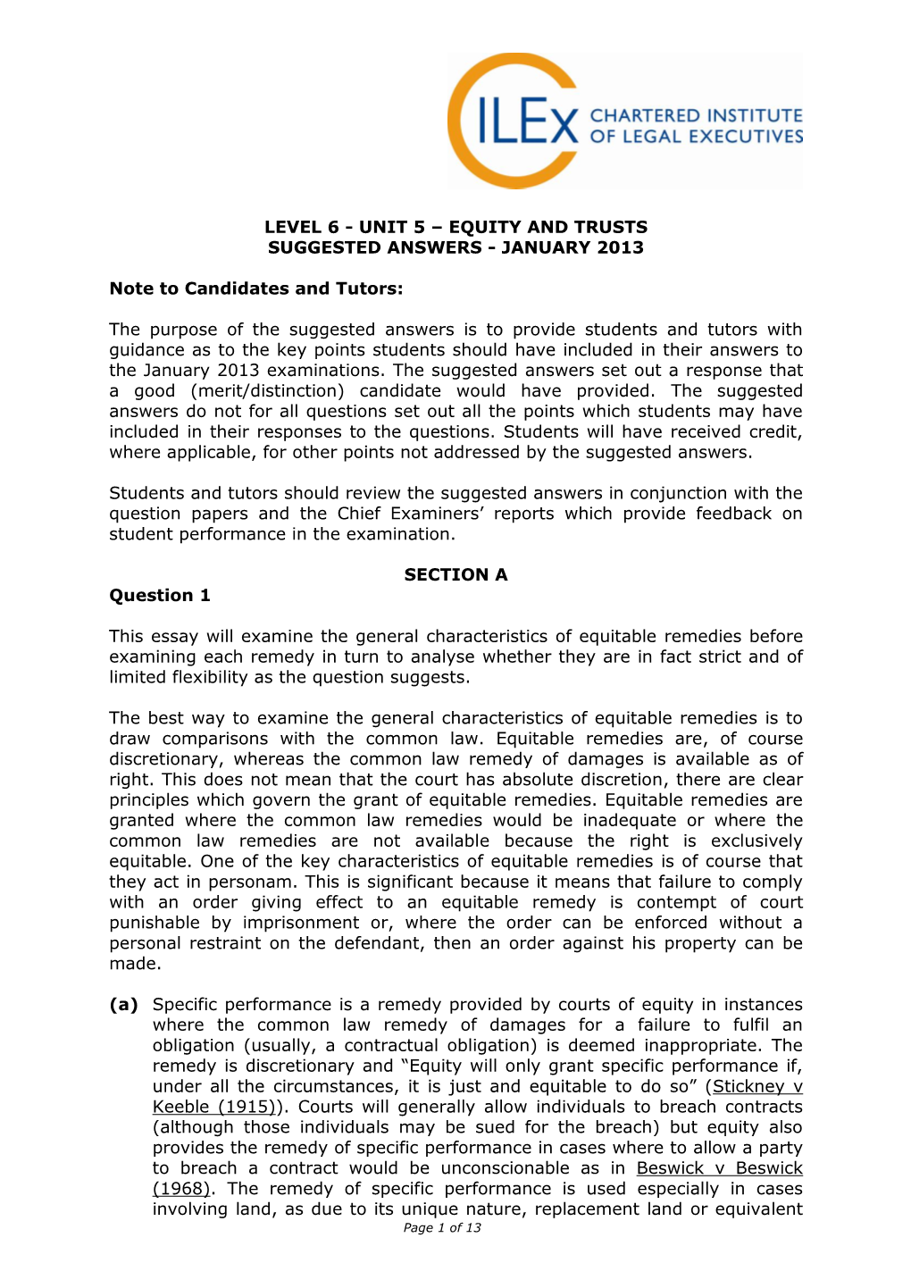 Unit 5 – Equity and Trusts Suggested Answers - January 2013