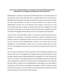 Copy of Note Containing Justification for Locating the Proposal of Mahapratap Ropeway Mahabaleshwar to Pratapgad in Mahabaleshwar Tehsil Satara District