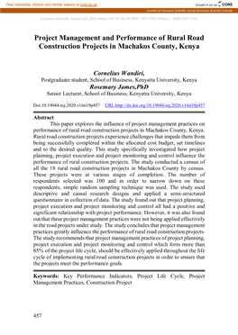 Project Management and Performance of Rural Road Construction Projects in Machakos County, Kenya