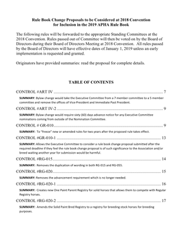 Rule Book Change Proposals to Be Considered at 2018 Convention for Inclusion in the 2019 APHA Rule Book