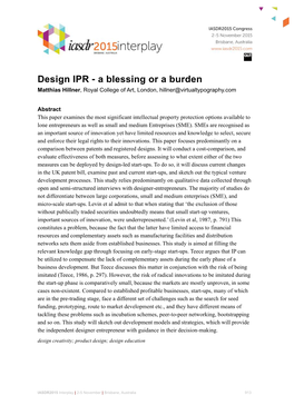 Design IPR - a Blessing Or a Burden Matthias Hillner, Royal College of Art, London, Hillner@Virtualtypography.Com