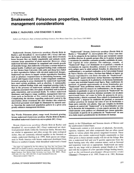 Snakeweed: Poisonous Properties, Livestock Losses, and Management Considerations