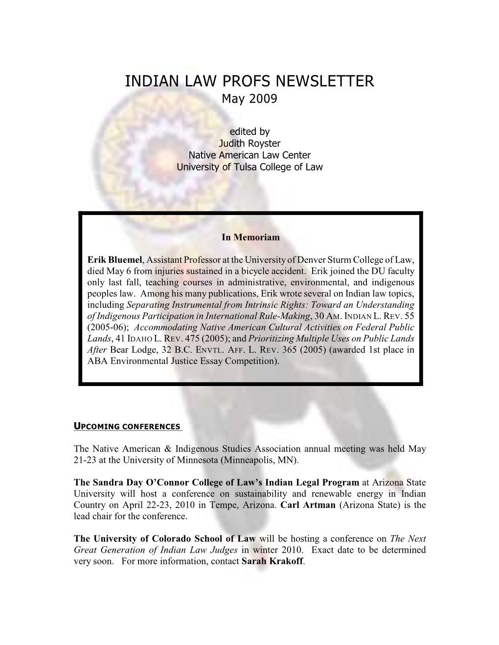 INDIAN LAW PROFS NEWSLETTER May 2009