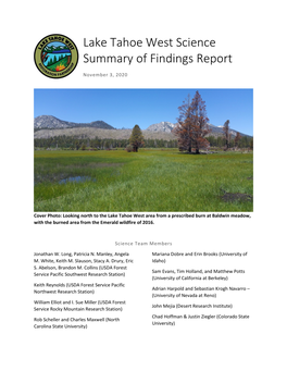 Lake Tahoe West Science Summary Report
