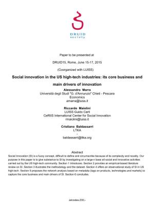Social Innovation in the US High-Tech Industries: Its Core Business and Main Drivers of Innovation Alessandro Marra Università Degli Studi "G