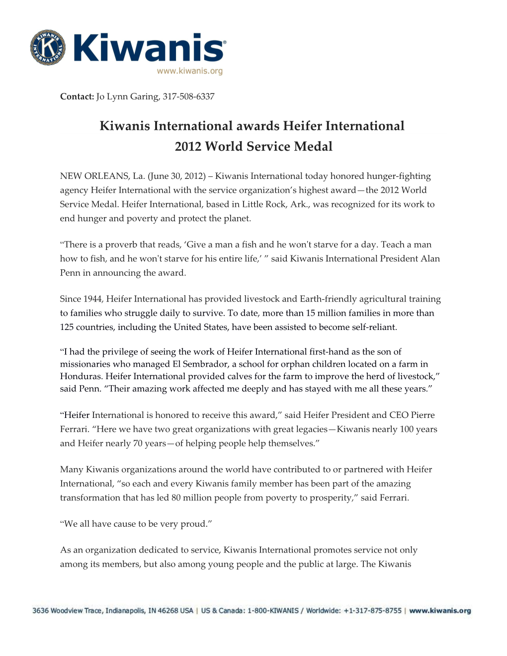 Kiwanis International Awards Heifer International