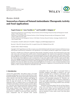 Review Article Seaweed As a Source of Natural Antioxidants: Therapeutic Activity and Food Applications