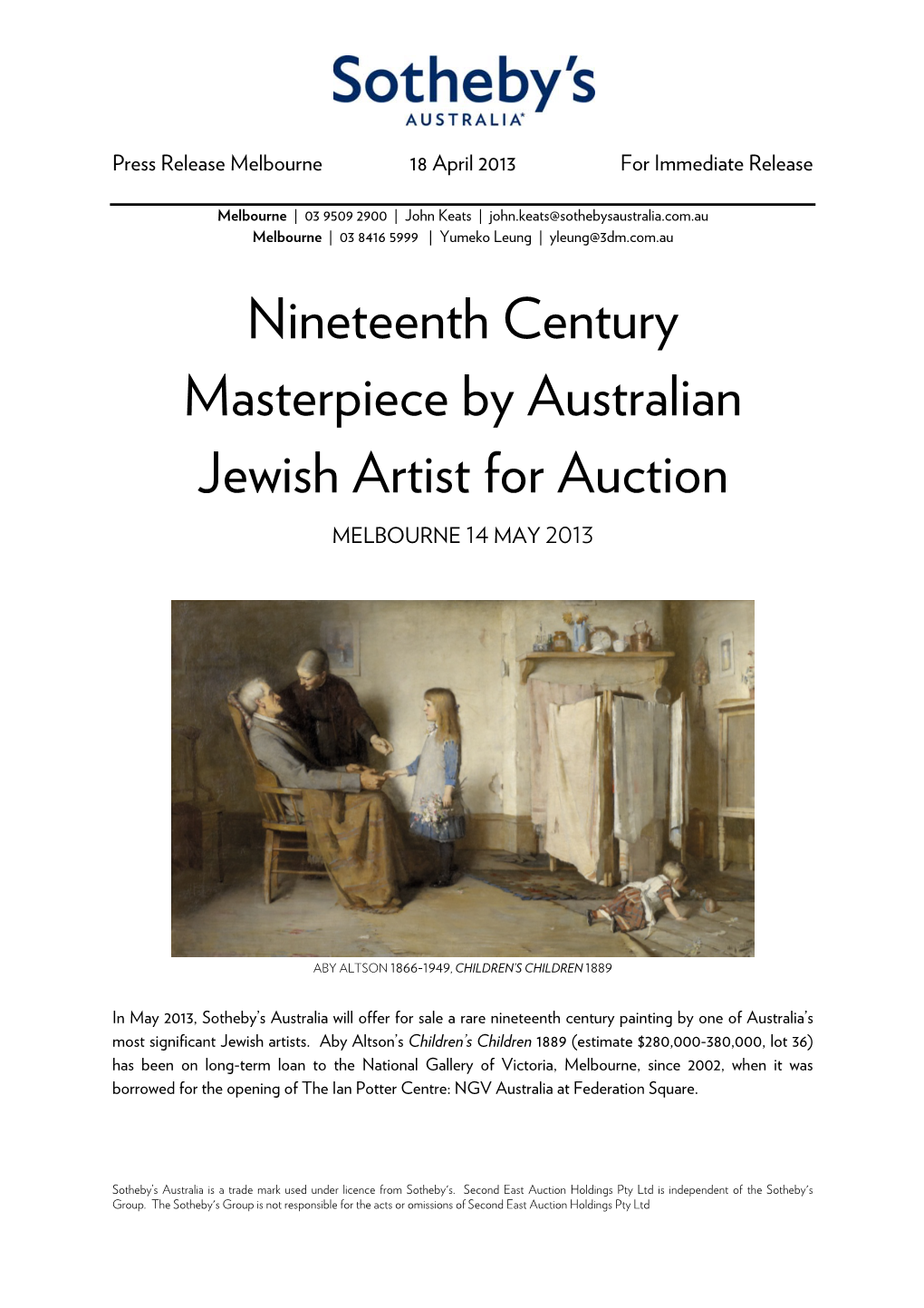 Nineteenth Century Masterpiece by Australian Jewish Artist for Auction