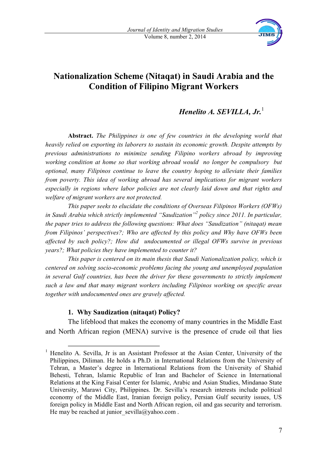 (Nitaqat) in Saudi Arabia and the Condition of Filipino Migrant Workers