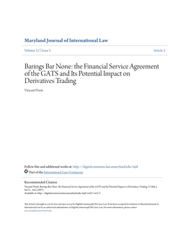 Barings Bar None: the Financial Service Agreement of the GATS and Its Potential Impact on Derivatives Trading Vincent Presti