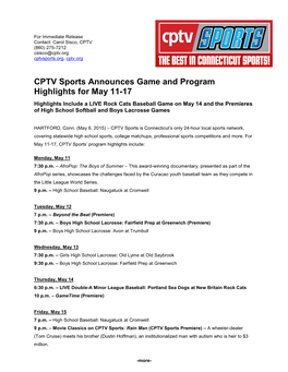 CPTV Sports Announces Game and Program Highlights for May 11-17