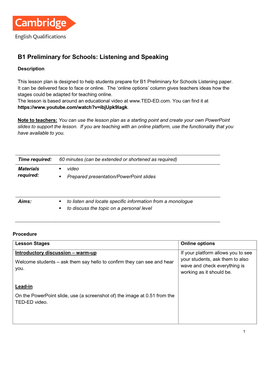 B1 Preliminary for Schools: Listening and Speaking