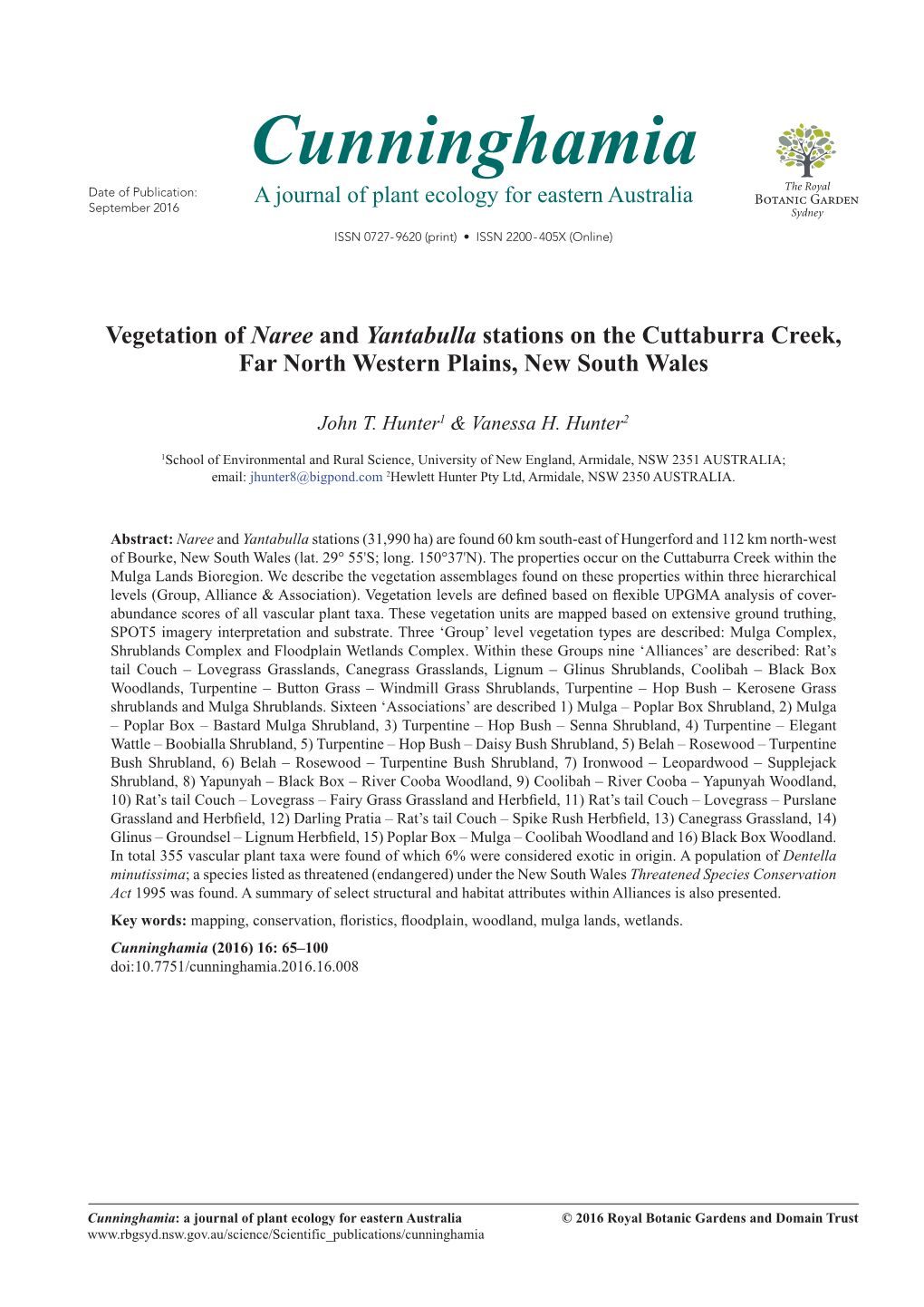 Cunninghamia Date of Publication: September 2016 a Journal of Plant Ecology for Eastern Australia