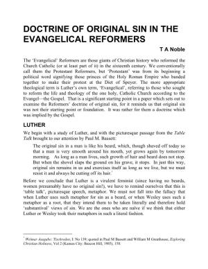 DOCTRINE of ORIGINAL SIN in the EVANGELICAL REFORMERS T a Noble