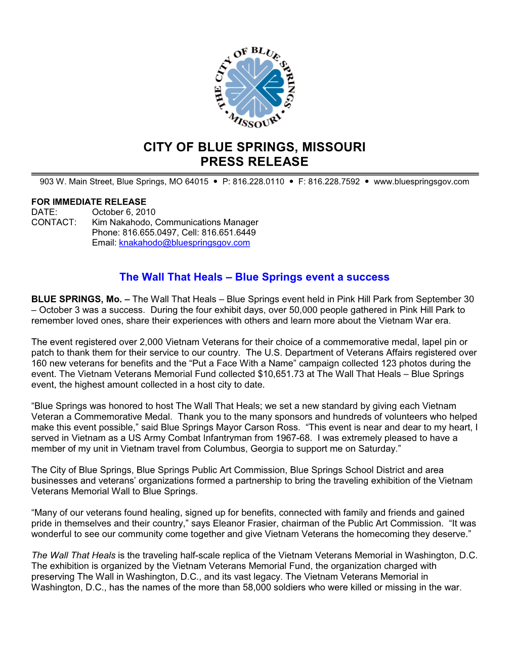 City of Blue Springs, Missouri Press Release