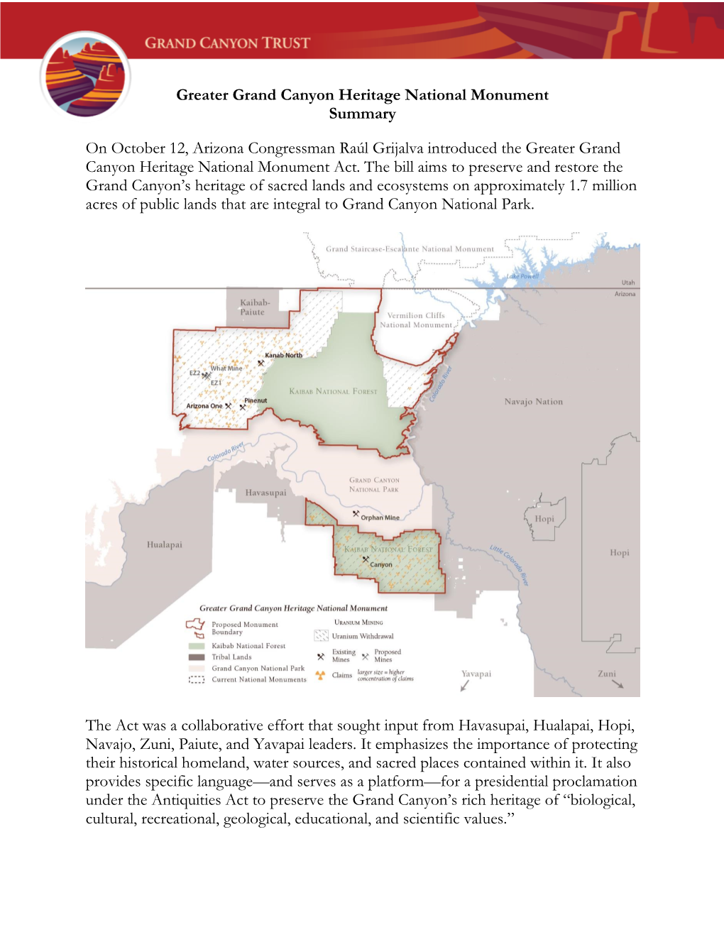 Greater Grand Canyon Heritage National Monument Summary