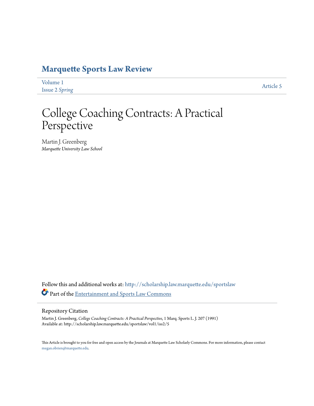 College Coaching Contracts: a Practical Perspective Martin J