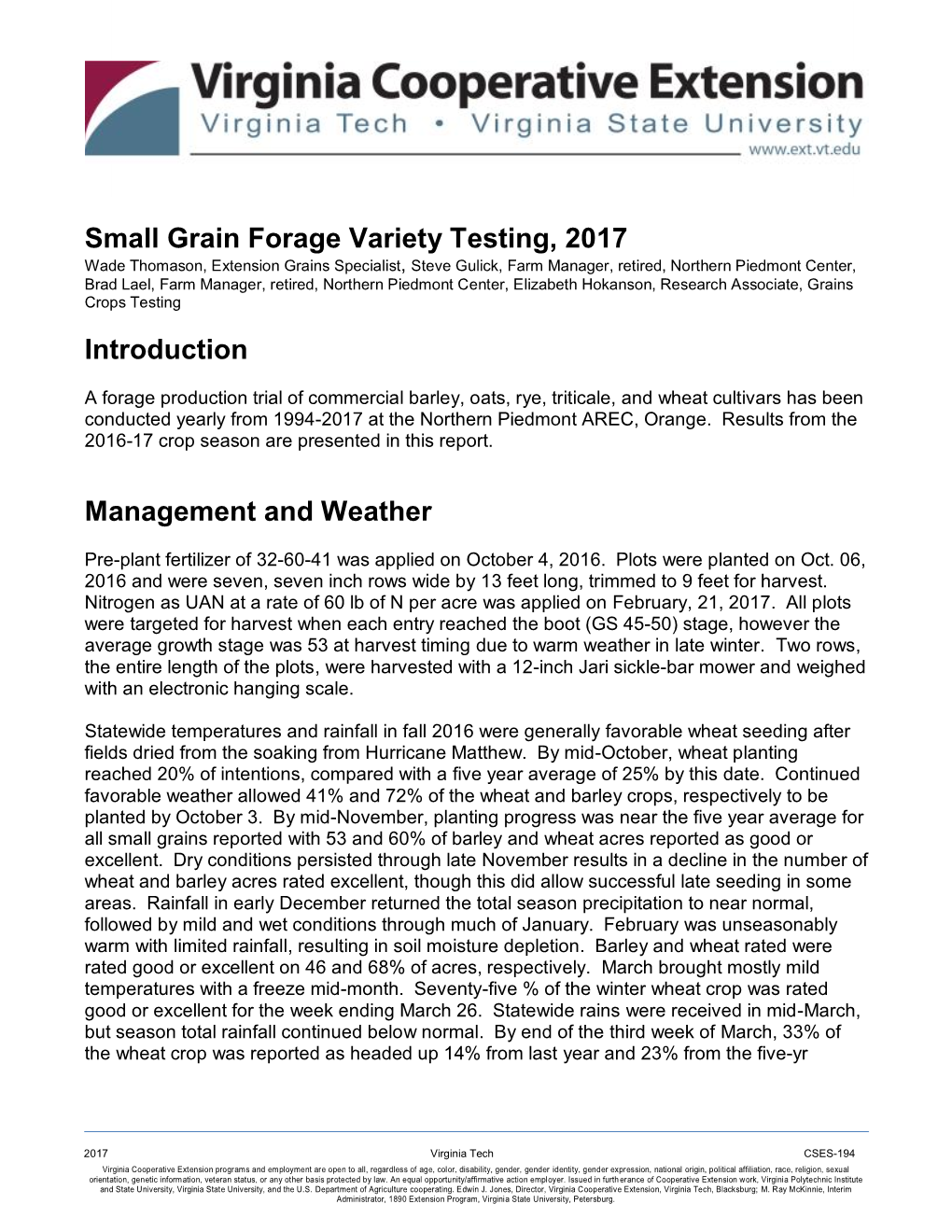 Small Grain Forage Variety Testing, 2017