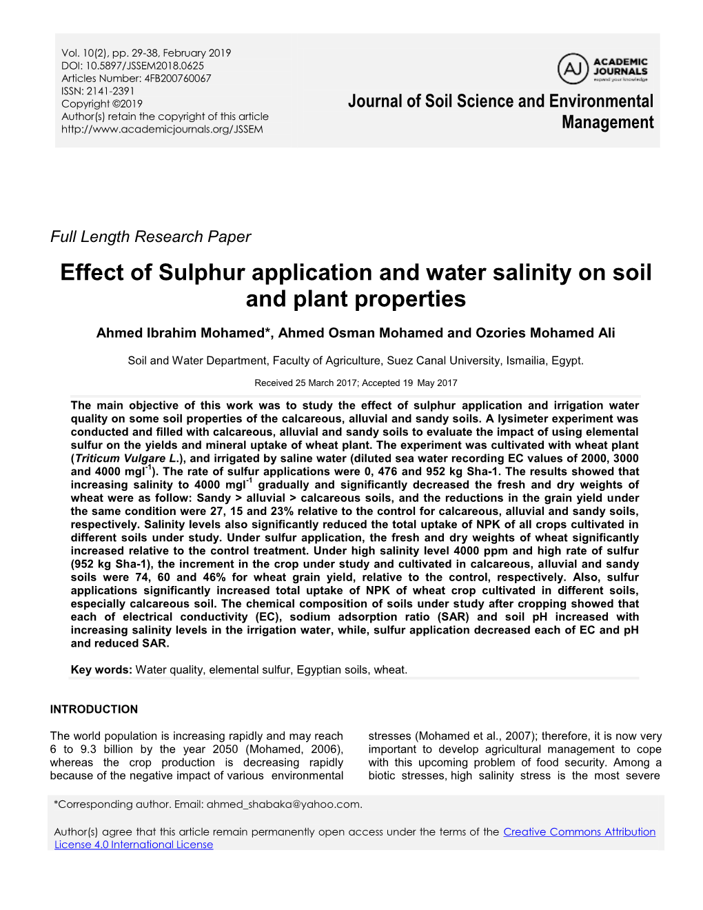 Effect of Sulphur Application and Water Salinity on Soil and Plant Properties