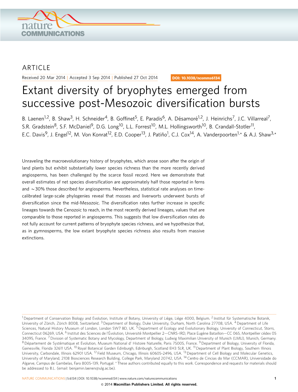 Extant Diversity of Bryophytes Emerged from Successive Post-Mesozoic Diversiﬁcation Bursts