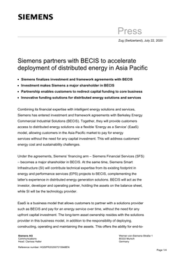 Press Release: Siemens Partners with BECIS to Accelerate Deployment of Distributed Energy in Asia Pacific