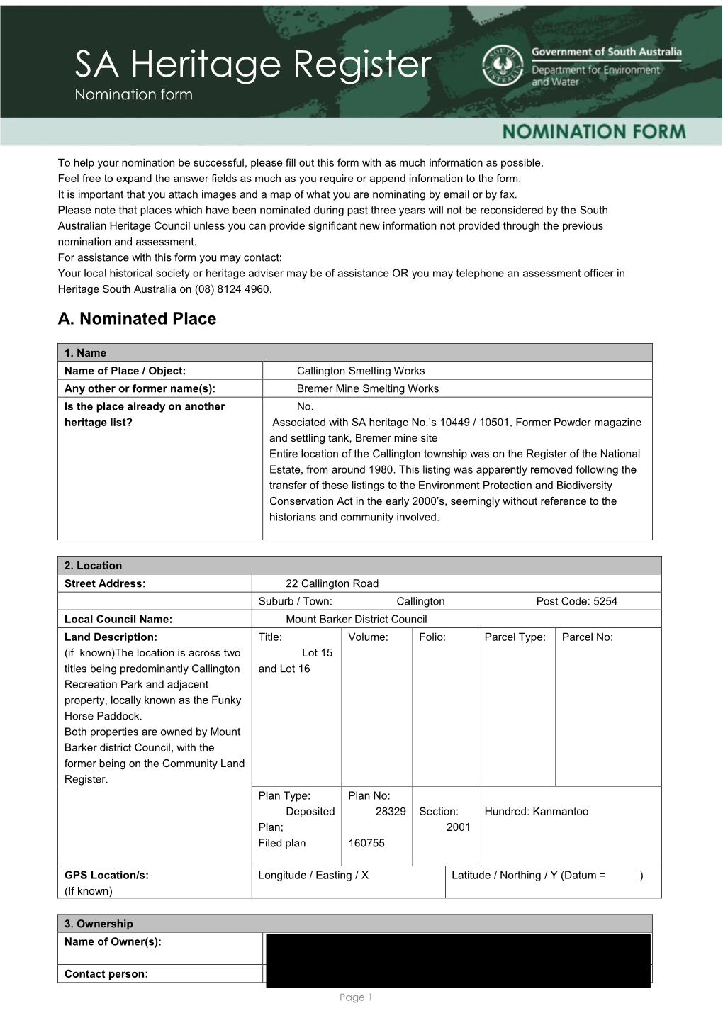 SA Heritage Register Nomination Form