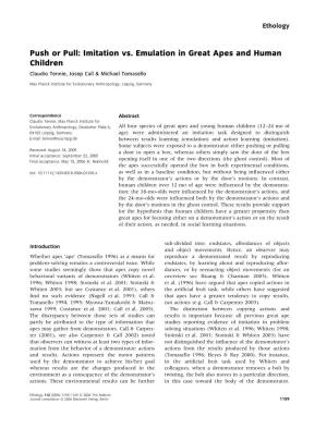 Push Or Pull: Imitation Vs. Emulation in Great Apes and Human Children Claudio Tennie, Josep Call & Michael Tomasello