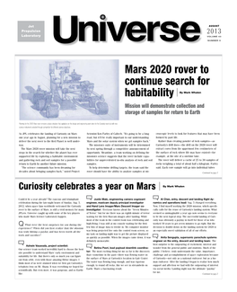 Mars 2020 Rover to Continue Search for Habitability by Mark Whalen Mission Will Demonstrate Collection and Storage of Samples for Return to Earth